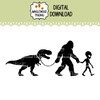 T Rex Bigfoot Alien SVG digital download featuring a humorous cryptid dinosaur and extraterrestrial adventure silhouette design for campers and RV owners.