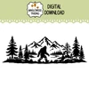 bigfoot mountain landscape svg digital download featuring sasquatch silhouette mountains pine trees and wilderness adventure scenery