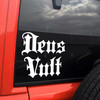 deus vult god wills it vinyl sticker decal featuring medieval gothic blackletter typography and historic latin phrase design