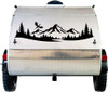 mountain dragon vinyl sticker decal featuring a flying dragon above mountain peaks and pine forest landscape designed for rvs campers travel trailers and teardrop campers