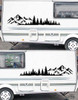 mirrored mountain forest decal pair featuring rugged mountain peaks and evergreen trees for trucks campers rvs overland rigs and adventure vehicles
