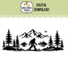 bigfoot mountain landscape svg digital download featuring sasquatch silhouette mountains pine trees and wilderness adventure scenery
