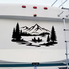 mountain lake canoe vinyl decal featuring paddlers on a scenic wilderness lake surrounded by pine trees and mountain peaks for rvs campers travel trailers trucks and adventure vehicles