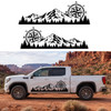 mirrored mountain compass rose vinyl decal pair featuring rugged mountain peaks and evergreen forests for trucks RVs campers travel trailers SUVs and overland vehicles
