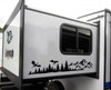 Dragon Mountain Forest vinyl decal featuring battling dragons flying above rugged mountain peaks and evergreen trees for RVs, campers, trucks, SUVs, trailers, and overland vehicles.