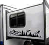 Dragon Mountain Forest vinyl decal featuring battling dragons flying above rugged mountain peaks and evergreen trees for RVs, campers, trucks, SUVs, trailers, and overland vehicles.