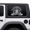 Not All Who Wander Are Lost vinyl decal featuring a compass rose, mountain range, and evergreen forest for RVs, campers, trucks, SUVs, travel trailers, and overland vehicles.