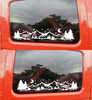 Mirrored pair mountain moon stars vinyl decals featuring rugged mountains, evergreen trees, a crescent moon, and stars for trucks, RVs, campers, travel trailers, and overland vehicles.