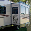 Not Here for a Long Time Just Here for a Good Time camper vinyl decal featuring a vintage travel trailer, campfire, pine trees, crescent moon, and stars.