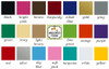 Vinyl decal color chart from Minglewood Trading showing 20 color options: black, bright pink, brown, burgundy, cobalt blue, metallic gold, gray, green, ivory, light brown, lime green, orange, purple, red, metallic silver, sky blue, soft pink, turquoise, white, and yellow.
