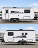 Matching pair of patriotic mountain vinyl decals featuring a distressed American flag, rugged mountains, and evergreen trees for trucks, RVs, campers, and travel trailers.