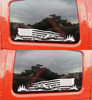 Matching pair of patriotic mountain vinyl decals featuring a distressed American flag, rugged mountains, and evergreen trees for trucks, RVs, campers, and travel trailers.