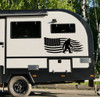 Bigfoot RV camper vinyl decal with walking Sasquatch and distressed American flag