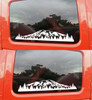 Mirrored pair Mount Rainier vinyl decals with mountain and evergreen forest landscape for truck RV camper motorhome and travel trailer sides