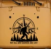Bigfoot Not All Who Wander Are Lost vinyl decal with compass rose mountains evergreen trees and Sasquatch for truck RV camper and outdoor adventure vehicles