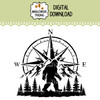 Bigfoot Compass Rose SVG with walking Sasquatch mountain peaks and pine forest for wilderness camping outdoor adventure and craft projects