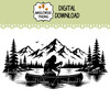 Bigfoot Canoe SVG featuring Sasquatch paddling across a mountain lake with pine forest and wilderness scenery for camping and outdoor craft projects