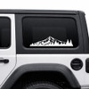 Mount Hood vinyl decal featuring the Oregon mountain above an evergreen pine forest displayed on the rear of an RV camper