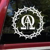 Alpha Omega Crown of Thorns vinyl decal with central Christian cross and biblical faith symbolism