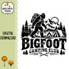 Bigfoot Camping Club SVG featuring a backpacking Sasquatch with mountains pine forest tent campfire and lake for camping decals signs and outdoor crafts