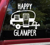 Happy Glamper vinyl decal with travel trailer for RV camper and glamping decor