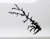 White Lake Anna Virginia geographic shoreline outline vinyl decal applied to a dark glass window, showing the lake's branching waterways, narrow coves, and irregular reservoir shape