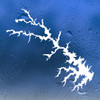 White Lake Anna Virginia geographic shoreline outline vinyl decal applied to a dark glass window, showing the lake's branching waterways, narrow coves, and irregular reservoir shape