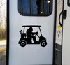 Bigfoot Sasquatch driving golf cart with golf clubs mounted on back silhouette vinyl decal for golf carts cars trucks and campers