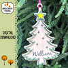 Personalized Christmas tree ornament SVG laser cut design with layered evergreen outline, star topper, decorative starburst accents, and custom name lettering on a wooden holiday ornament