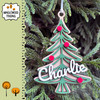 Personalized 5 inch layered MDF Christmas tree ornament with green evergreen branches four red decorations raised custom script name natural wood backing and ribbon hanger