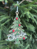 Personalized 5 inch layered MDF Christmas tree ornament with green evergreen branches four red decorations raised custom script name natural wood backing and ribbon hanger