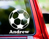 Personalized soccer ball vinyl decal with custom player name displayed below