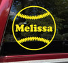 Personalized softball vinyl decal featuring stitched ball design with custom player name across center