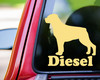 Rottweiler personalized name vinyl decal with standing Rottie dog silhouette and mirror option