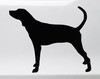 Coonhound hunting dog standing silhouette vinyl decal showing a short-haired hound with raised tail facing left, available in eight sizes from a 4-pack of 2.5 x 2 inches to 25 x 20 inches with mirror option