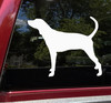 Coonhound hunting dog standing silhouette vinyl decal showing a short-haired hound with raised tail facing left, available in eight sizes from a 4-pack of 2.5 x 2 inches to 25 x 20 inches with mirror option