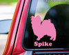 Personalized Papillon Butterfly Dog silhouette vinyl decal with custom name underneath, shown with the name Spike on a vehicle window, available in six sizes from 4 x 4.5 inches to 20 x 23 inches with mirror option and 15-character name personalization