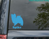 Personalized Papillon Butterfly Dog silhouette vinyl decal with custom name underneath, shown with the name Spike on a vehicle window, available in six sizes from 4 x 4.5 inches to 20 x 23 inches with mirror option and 15-character name personalization