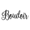 Boudoir decorative lettering vinyl decal in an elegant fancy script style for bedroom doors, dressing rooms, vanity mirrors and French-inspired interior decor, available in eight sizes from 4 x 1.5 inches to 32 x 12 inches