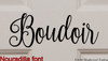 Boudoir decorative lettering vinyl decal in an elegant fancy script style for bedroom doors, dressing rooms, vanity mirrors and French-inspired interior decor, available in eight sizes from 4 x 1.5 inches to 32 x 12 inches