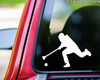 Broomball player silhouette vinyl decal showing an athlete running with a broomball stick and ball, available in nine sizes from a 4-pack of 2.5 x 1.75 inches to 30 x 21 inches with mirror option