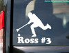 Personalized broomball player vinyl decal featuring an action silhouette with custom name and optional player number underneath, available in six sizes from 4 x 3.5 inches to 20 x 18 inches with mirror option and 15-character personalization