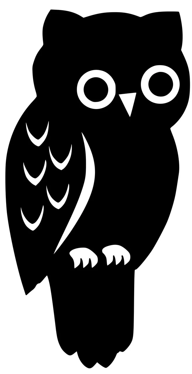 Stylized owl vinyl decal with large round eyes and decorative feather details