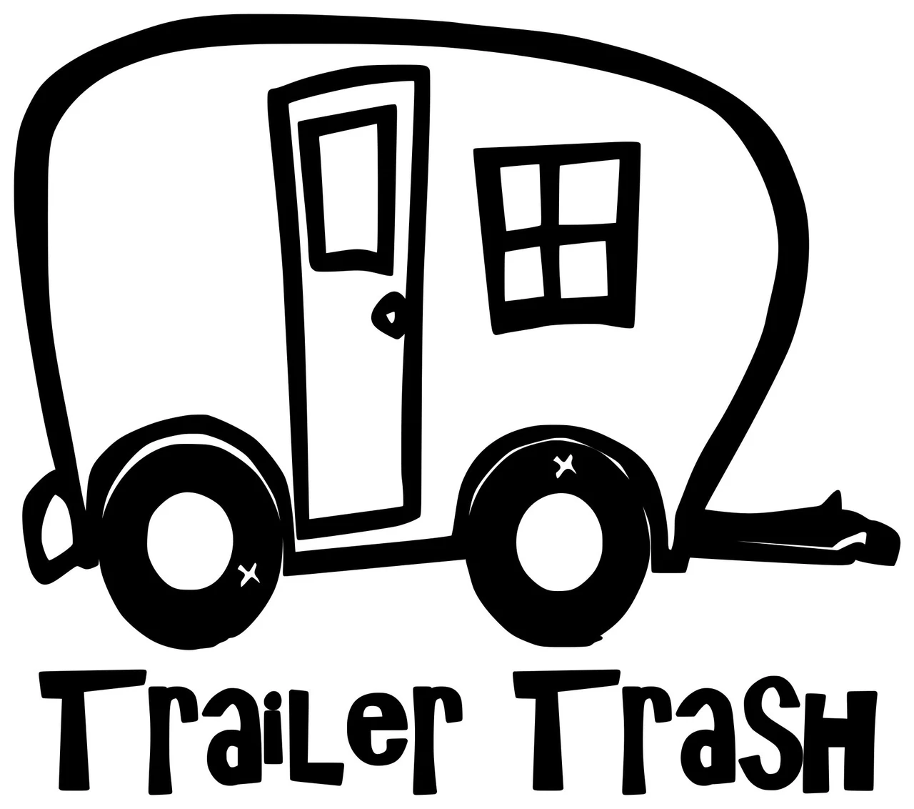Trailer Trash vinyl decal featuring a whimsical travel trailer with funny camping lettering