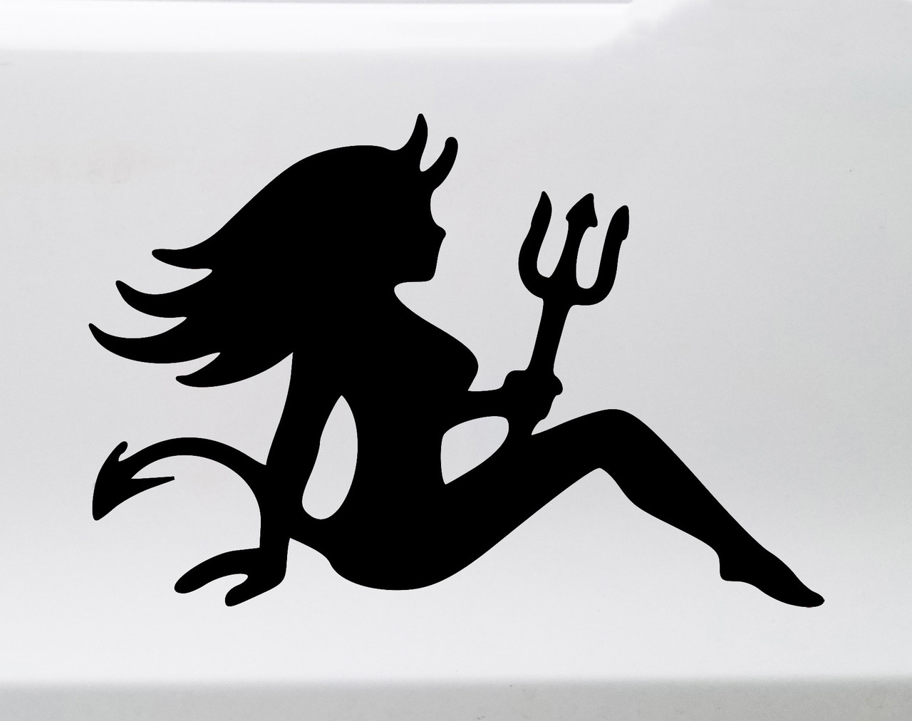 Mudflap Devil Girl vinyl decal featuring reclining female demon silhouette with horns, pointed tail and trident