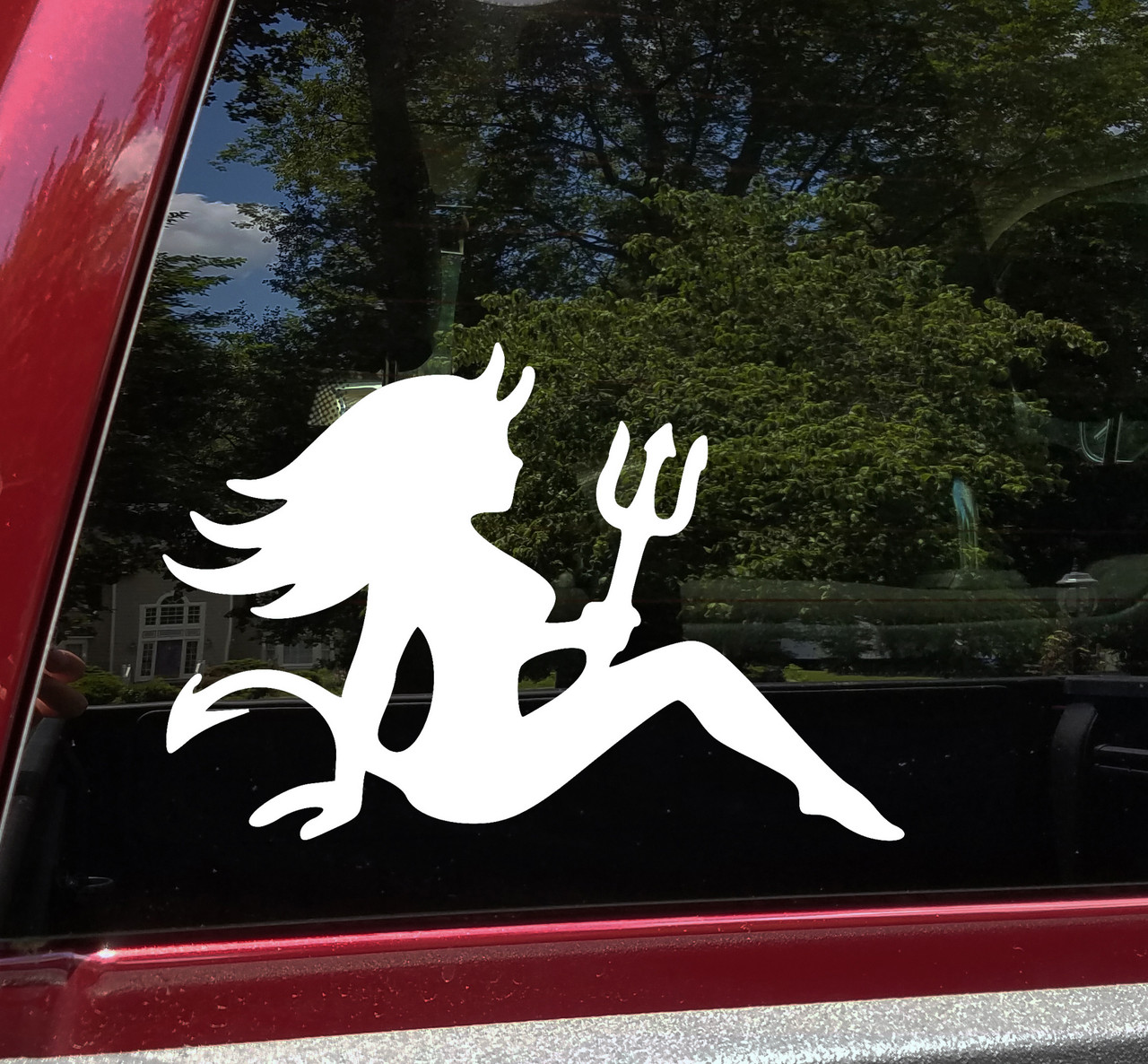 Mudflap Devil Girl vinyl decal featuring reclining female demon silhouette with horns, pointed tail and trident