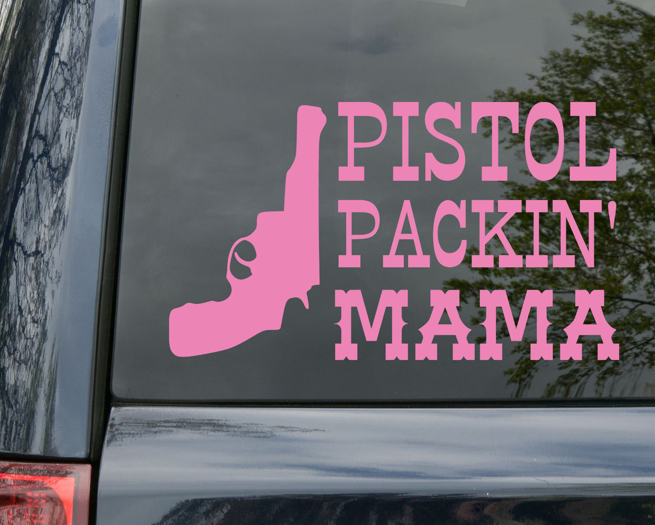 Pistol Packin' Mama vinyl decal featuring Western woman holding an upright pistol