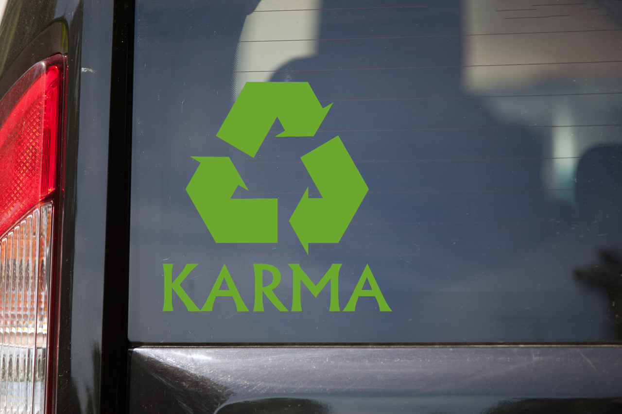 Karma vinyl decal featuring a three-arrow recycling symbol above KARMA lettering