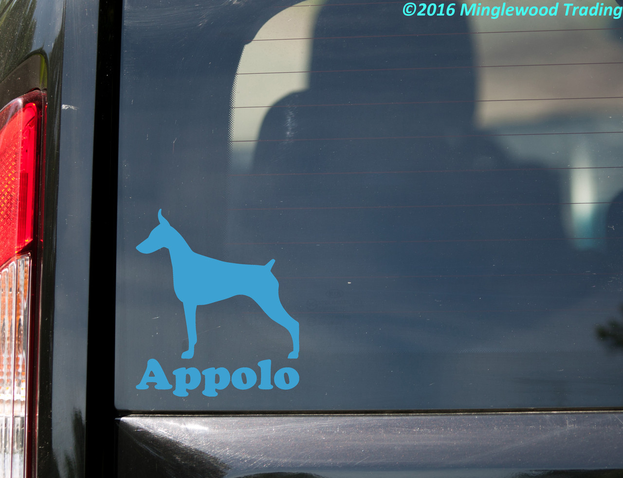 Personalized Doberman Pinscher Dobie dog silhouette vinyl decal with custom name and mirror option