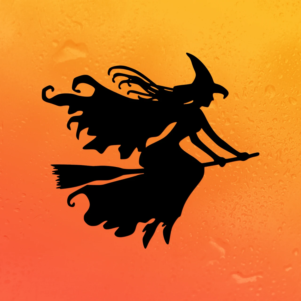 Witch on Broomstick vinyl decal featuring a flying Halloween witch with pointed hat, flowing cape and broom